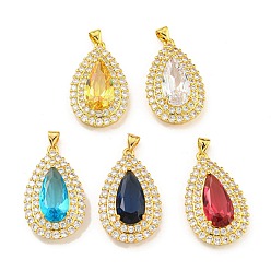 Golden Rack Plating Brass Micro Pave Cubic Zirconia Pendants, with Glass, Teardrop, Golden, 32x19x18mm, Hole: 4x3.5mm