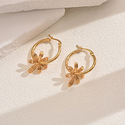 Golden 201 Stainless Steel Hollow Round with Flower Pendant Hoop Earrings for Women's Daily Countryside Accessories, Golden, 35x35mm