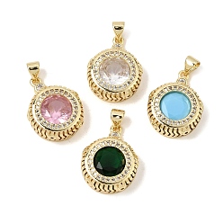 Mixed Color Brass Pave Cubic Zirconia Pendants, Flat Round Charms, Rack Plating, Long-Lasting Plated, Lead Free & Cadmium Free, Real 18K Gold Plated, Mixed Color, 22x16x6.5mm, Hole: 5x3.5mm