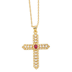 Medium Violet Red Brass Micro Pave Cubic Zirconia Pendant Necklaces, with Plastic Bead, Cross, Medium Violet Red, 17.72 inch(45cm)