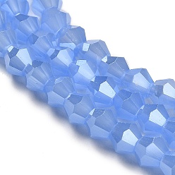 Dodger Blue Imitation Jade Electroplate Glass Beads Strands, Pearl Luster Plated, Faceted, Bicone, Dodger Blue, 4x4mm, Hole: 0.8mm, about 87~98pcs/strand, 12.76~14.61 inch(32.4~37.1cm)