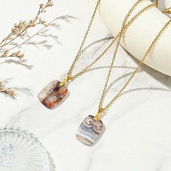 Мексиканский Агат Прямоугольный кулон из натурального мексиканского агата/агатового кружева 304 Цепочка из нержавеющей стали, золотые, 17.85 дюйм (45.35 см)