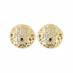 Настоящее золото 18K Латунный микропаве прозрачный кубический циркониевый диск с подвесками-соединителями в виде руки хамсы, стойки покрытие, долговечный, без свинца и без кадмия, реальный 18 k позолоченный, 15x14x3 мм, отверстие : 1.4 мм