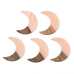 Light Salmon Opaque Resin & Walnut Wood Pendants, Moon, Light Salmon, 38x30x3mm, Hole: 2mm