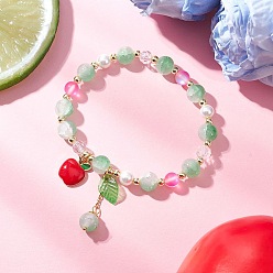 Яблоко Браслеты из синтетического лунного камня и стеклянных круглых бусин, сплав эмаль фруктовые подвески браслеты для женщин, с оболочкой шарик перлы, яблоко, внутренний диаметр: 2-1/4 дюйм (5.8 см), бусина : 3.5~8x3~7.5 mm, яблоко: 14.5x16.5x3 мм
