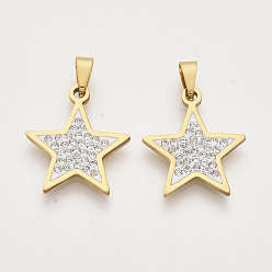 Золотой 201 подвески из нержавеющей стали, со случайным размером оснастки на поручителях и стразами из полимерной глины и хрусталя, звезда, золотые, 23x20x2 мм, отверстие : 7~10x3~5 мм