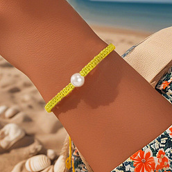 Зелено-Желтый Минималистичные регулируемые плетеные браслеты из полиэфирного шнура, украшения из искусственного жемчуга для женщин, зеленый желтый, внутренний диаметр: 11 дюйм (28 см)