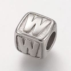 Letter W Устойчивые к потускнению 304 европейские бусины из нержавеющей стали, горизонтальное отверстие, бусины с большим отверстием, куб с letter.w, 8x8x8 мм, отверстие : 4 мм