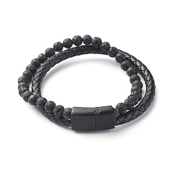 Черный Круглые бусины из натурального вулканического камня, многониточные браслеты, с плетением из воловьей кожи, чёрные, 8-7/8 дюйм (22.5 см)