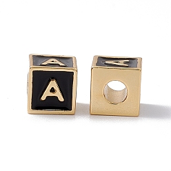Letter A Стойки покрытие латунь эмаль бисер, без кадмия, без никеля и без свинца, реальный 18 k позолоченный, куб с письмом, чёрные, letter.a, 6x6x6 мм, отверстие : 2.5 мм