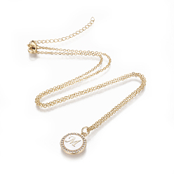 Letter M Brass Initial Pendant Necklaces, with Shell, Cubic Zirconia and 304 Stainless Steel Cable Chains, Flat Round with Letter, Letter.M, 17.5 inch(44.5cm), 1.5mm