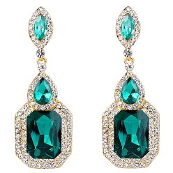 чирок Латунные горный хрусталь болтаться серьги, со стеклом, прямоугольные, золотые, зелено-синие, 60x23 мм