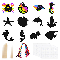 Mixed Shapes Морские животные для скрапинга для детей, радужные украшения из бумаги для заметок с бамбуковой палочкой и лентой, разнообразные, 87~130x50~125x0.5 мм, отверстие : 4 мм