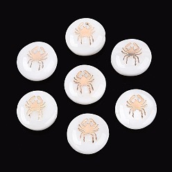 Рак Естественных пресноводных стеклянные бусы, с позолоченными элементами из травленой латуни, плоские круглые с двенадцати созвездий, цвет морской раковины, рак, 11~12x4~6 мм, отверстие : 0.5~0.9 мм
