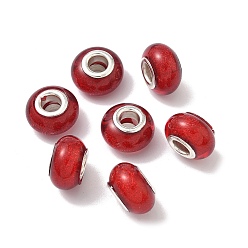 Красный Бусины из смолы европейского стиля с большим отверстием , с серебряного цвета латуни двойные сердечники, рондель, красные, 14x9 мм, отверстие : 5 мм