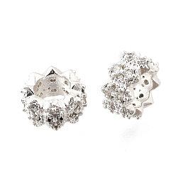 Серебро Волна плоские круглые латунные микро-паве кубические циркониевые европейские бусины, стойки покрытие, долговечный, без свинца и без кадмия, серебряные, 8x4.5 мм, отверстие : 4.5 мм