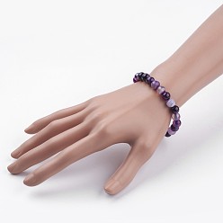 Purple Natural Striped Agate/Banded Agate Beaded Stretch Bracelets, Round, Purple, 2-1/8 inch(55mm)