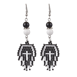 Black 304 Stainless Steel Dangle Earring, with Seed Glass and Mashan Jade, Black, 80x36mm