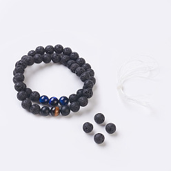 Mixed Stone Natural Lava Rock Stretch Bracelets, with Natural Black Agate(Dyed) and Tiger Eye Beads, Round, Burlap Packing, 2-1/8 inch(5.3cm), 2strands/set