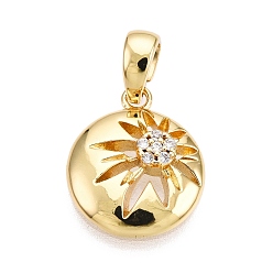 Настоящее золото 18K Латунные микро проложить кубического циркония подвески, без кадмия, без никеля и без свинца, плоский круглый с солнечными чарами, реальный 18 k позолоченный, 14.5x12x3 мм, отверстие : 3x5 мм