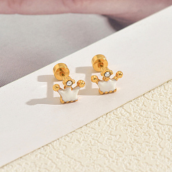 Белый Серьги-гвоздики с короной из нержавеющей стали с эмалью, с четким кубического циркония, золотые, белые, 11x8 мм