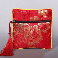 Красный Квадратные тканевые сумки с кисточками в китайском стиле, с застежкой-молнией, Для браслетов, Ожерелье, красные, 11.5x11.5 см