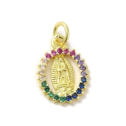 Colorful Brass Micro Pave Cubic Zirconia Pendants, Cadmium Free & Nickel Free & Lead Free, Real 18K Gold Plated, Virgin Mary Pattern Charms, Oval, Colorful, 15.5x11x1.5mm, Hole: 3mm