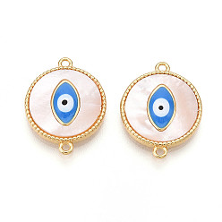 Настоящее золото 18K Латунные подвески-шармы с натуральными плоскими круглыми соединителями из ракушек, без кадмия, без никеля и без свинца, доджер синяя эмаль злые глазные ссылки, реальный 18 k позолоченный, 15x19.5x3 мм, отверстие : 1.2 мм