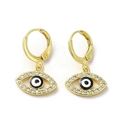 Noir Boucles d'oreilles pendantes œil de cheval en laiton doré à fermoir à levier, avec de l'émail et de la zircone cubique, noir, 23.5~24x14.5mm