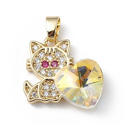 Clear AB Real 18K Gold Plated Rack Plating Brass Micro Pave Cubic Zirconia Pendants, with Glass, Long-Lasting Plated, Cadmium Free & Lead Free, Cat with Heart, Clear AB, 21x19.5x7.5mm, Hole: 3.5x5mm