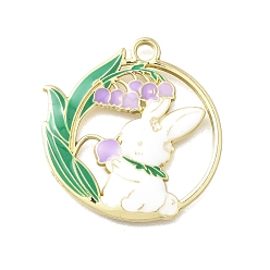 Лиловый Подвески из эмали и сплава, кольцо с подвеской в виде кролика и цветка, золотые, сирень, 30x26.5x3 мм, отверстие : 2.5 мм