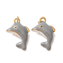 Gray 304 Stainless Steel Charms, with Enamel, Dolphin Charms, Ion Plating(IP), Golden, Gray, 20x14x6.5mm, Hole: 3mm