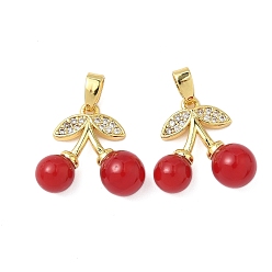 Красный Латунные микропаве прозрачные подвески с фианитом, вишня, cmолой, реальный 18 k позолоченный, красные, 15.5x17x7 мм, отверстие : 4x2.5 мм