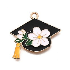 Черный Подвески из эмали и сплава, золотой свет, шапочка бакалавра с цветком, чёрные, 24x26x1 мм, отверстие : 2 мм