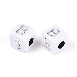 Letter B Непрозрачные акриловые бусины, куб с письмом, серебристого металла, обвитыми, В письме, 9~10x9~10x9~10 мм, отверстие : 4 мм, Около 625 шт / 500 г