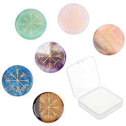 Mixed Stone 6Pcs 6 Style Natural Mixed Gemstone Cabochons, Flat Round with Nordic Pagan Pattern, 25x5.5mm, 1pc/style, 6 style, 6pcs;/box