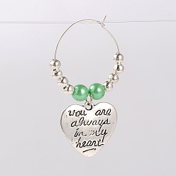 Verde Claro Corazón del estilo tibetano con la palabra siempre estás en mi corazón vino encantos de vidrio, plata antigua, verde claro, 46 mm, pin: 0.7 mm
