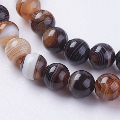Camel Round Dyed Natural Striped Agate/Banded Agate Beads Strands, Camel, 8mm, Hole: 1mm, about 48pcs/strand, 15.2 inch