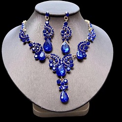 Сапфир Ожерелья и серьги-гвоздики из сплава со стразами в форме капли, золотые, сапфир, 540 мм