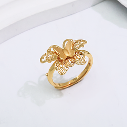 Настоящее золото 18K Регулируемые латунные открытые манжеты для женщин, бабочка, реальный 18 k позолоченный, 16 mm ~ 20 mm