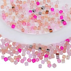Pink 2 Bags Imitation Artificial Crystal Glass Beads, Faceted Cube, Mixed Style, Pink, 4x4x4mm, Hole: 1.2mm, about 100pcs/bag