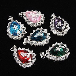 Mixed Color Glass Pendants, with Brass Finding, Teardrop, Platinum, Mixed Color, about 30mm long, 20mm wide, 11mm thick, hole: 3.5x3mm