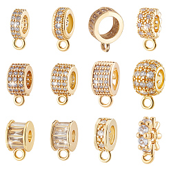 Настоящее золото 18K 12 шт. 12 стили латунные микропаве кубические циркониевые трубчатые дужки, реальный 18 k позолоченный, 9~12x4~10x3~10 мм, отверстие : 1~2 мм, 1 шт / стиль