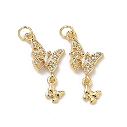 Настоящее золото 18K Латунные микропаве прозрачные подвески с фианитом, без кадмия и без свинца, стойки покрытие, долговечный, бабочки прелести, реальный 18 k позолоченный, 26x12x3.5 мм, отверстие : 3 мм