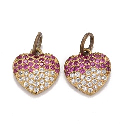Raw(Unplated) Brass Micro Pave Medium Violet Red & Clear Cubic Zirconia Charms, with Jump Ring, Heart, Raw(Unplated), 10.5x10x2.5mm, Hole: 3mm