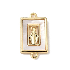Настоящее золото 18K Латунный паве натуральный белый ракушка религиозные соединители подвески, прямоугольник девственные ссылки, долговечный, без свинца и без кадмия, стойки покрытие, реальный 18 k позолоченный, 19.5x11x2 мм, отверстия : 1.2 mm и 1.4 мм