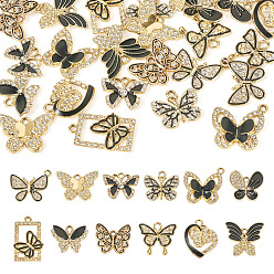 Золотой 24 шт. 12 стили подвески из сплава с черной эмалью, с кристально горный хрусталь, очарование бабочки, золотые, 15.5~26x16.5~23.5x2~3.5 мм, отверстие : 2~3.5 мм, 2 шт / стиль