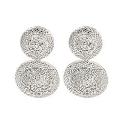 Платина Плоские круглые серьги-гвоздики из латуни с прозрачным паве и кубическим цирконием, платина, 30.5x17 мм