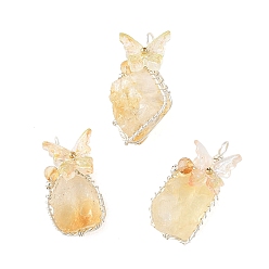 Silver Copper Wire Wrapped Heated Natural Citrine Pendants, Nuggets Charms with Glass Butterfly, Silver, 29~35x15.5~17.5x10.5~14.5mm, Hole: 3.5mm