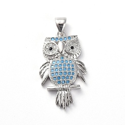 Платина Латунные микро проложить кубического циркония подвески, сова, красочный, платина, 25x14.5x4 мм, отверстие : 4x4 мм